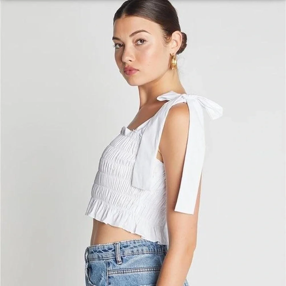White Smocked Tie-Shoulder Crop Top - Picture 3 of 3
